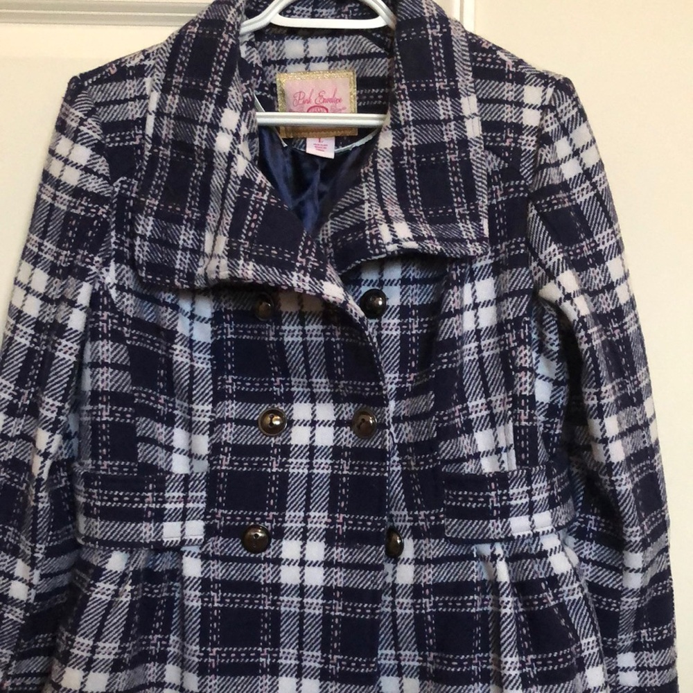 Navy and pink plaid coat